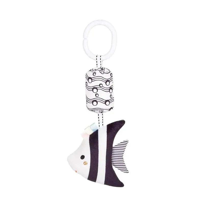 Stroller hanging plush rattle with fish-shaped plush and striped bell tube