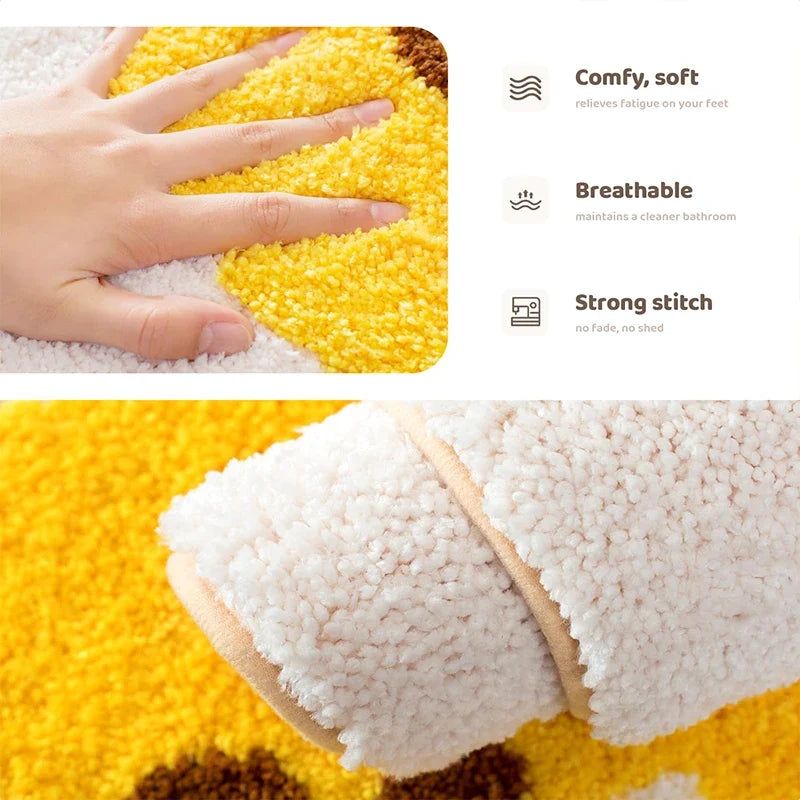 Yellow textured egg bath mat rug close-up with white fuzzy backing