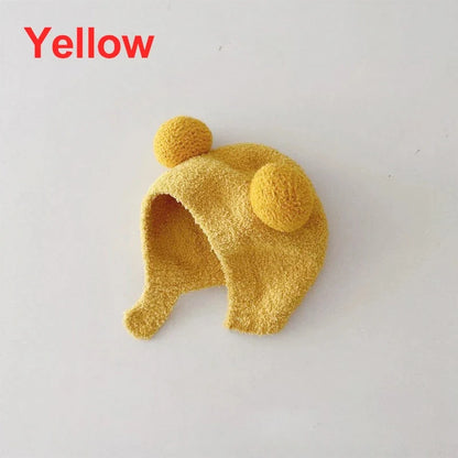 Yellow kids bear-ear ear protection hood hat with long ear covers