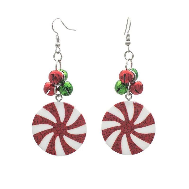 Round candy-cane pattern drop earrings with red, white, green bead accents and silver hooks