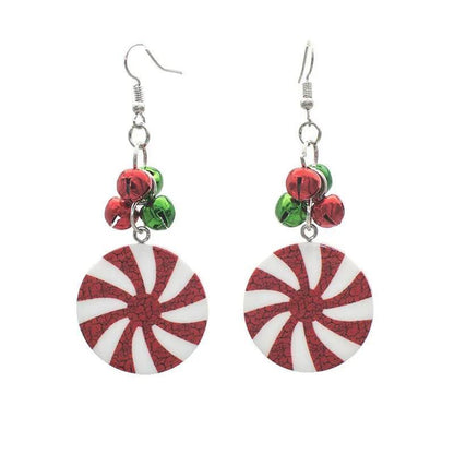 Round candy-cane pattern drop earrings with red, white, green bead accents and silver hooks