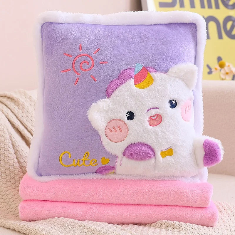 Kawaii pillow and blanket set with purple plush pillow and pink blanket, cute white unicorn