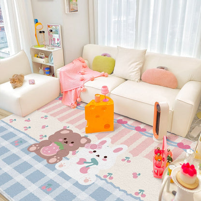 Pastel plush area rug with bear and hearts pattern, pink gray, and blue accents