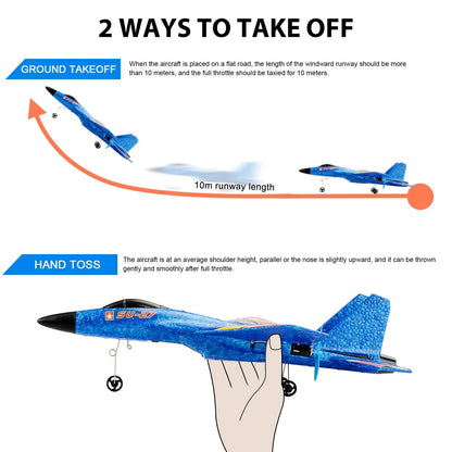 Blue EPP RC airplane showing ground takeoff and hand-toss launch methods