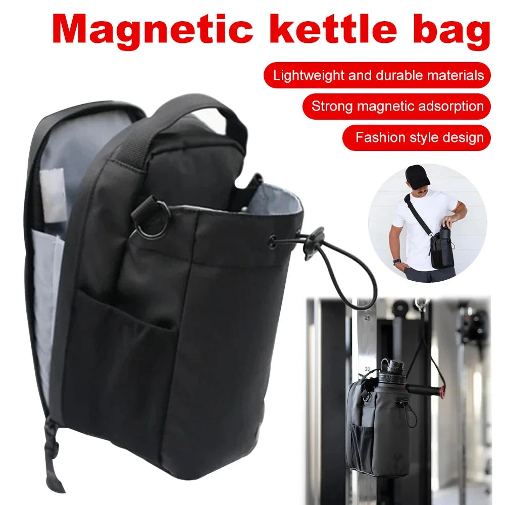 Black magnetic gym sling bag with water bottle holder pocket and front storage