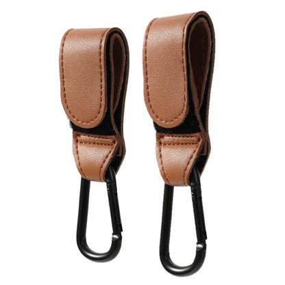 Baby stroller bag hooks (2), tan PU leather straps with metal S-hooks