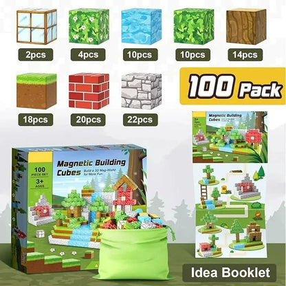Magnetic cube building blocks pack with green, blue, brick, stone, and wood cubes