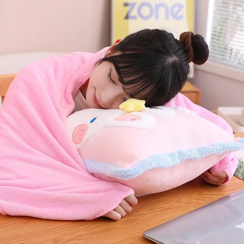Kawaii pillow and blanket set with pink plush blanket and white unicorn pillow