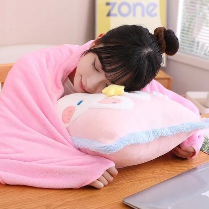 Kawaii pillow and blanket set with pink plush blanket and white unicorn pillow