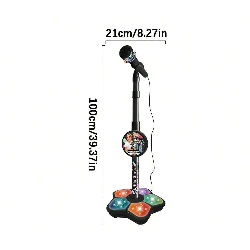 Kids microphone stand toy height diagram with black stand and multicolor light-up base