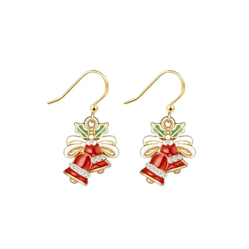 Gold drop earrings with red bow bell, white ribbon and green leaves, crystal center