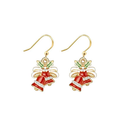 Gold drop earrings with red bow bell, white ribbon and green leaves, crystal center