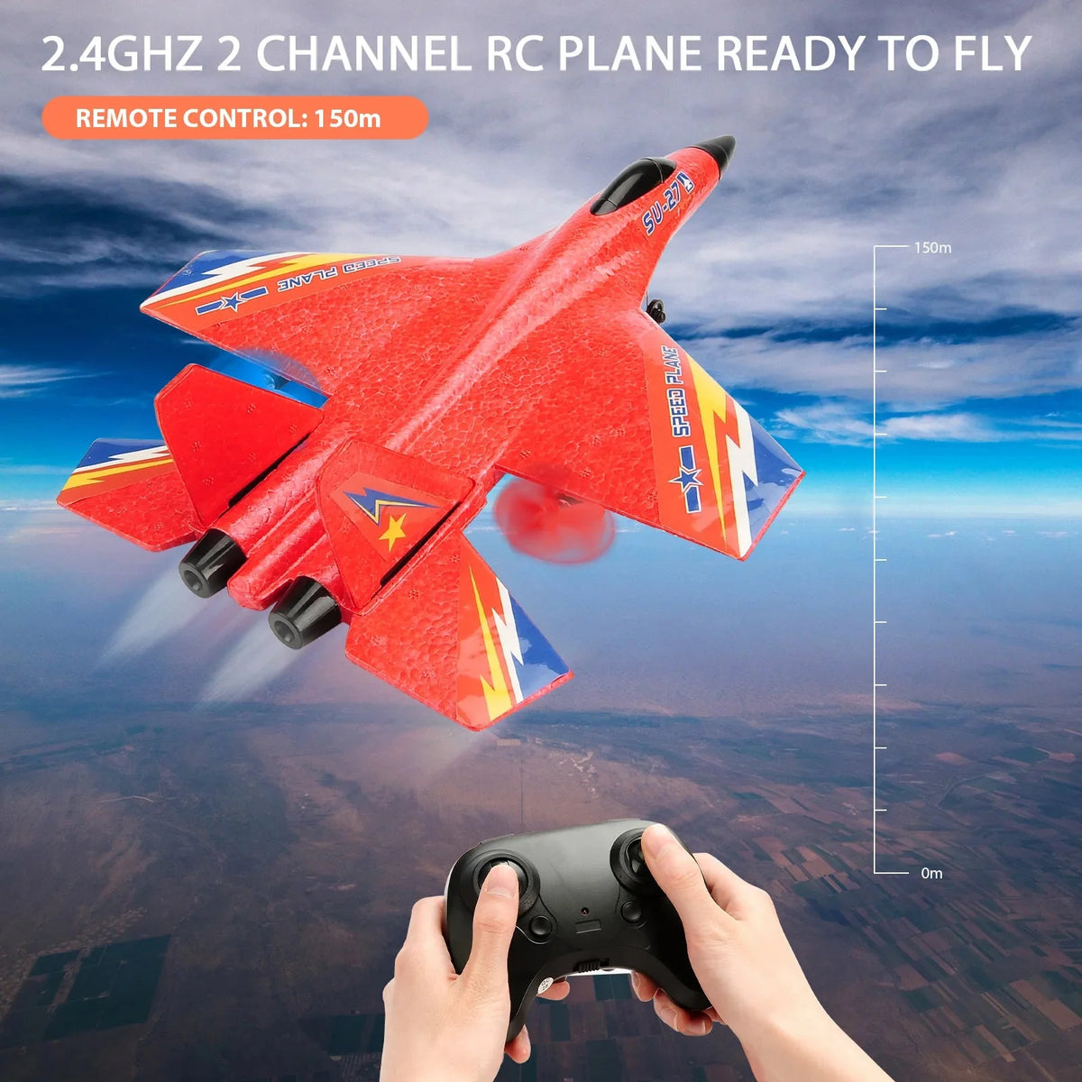 Red EPP RC airplane flying pose with handheld controller, 2.4G 2-channel toy