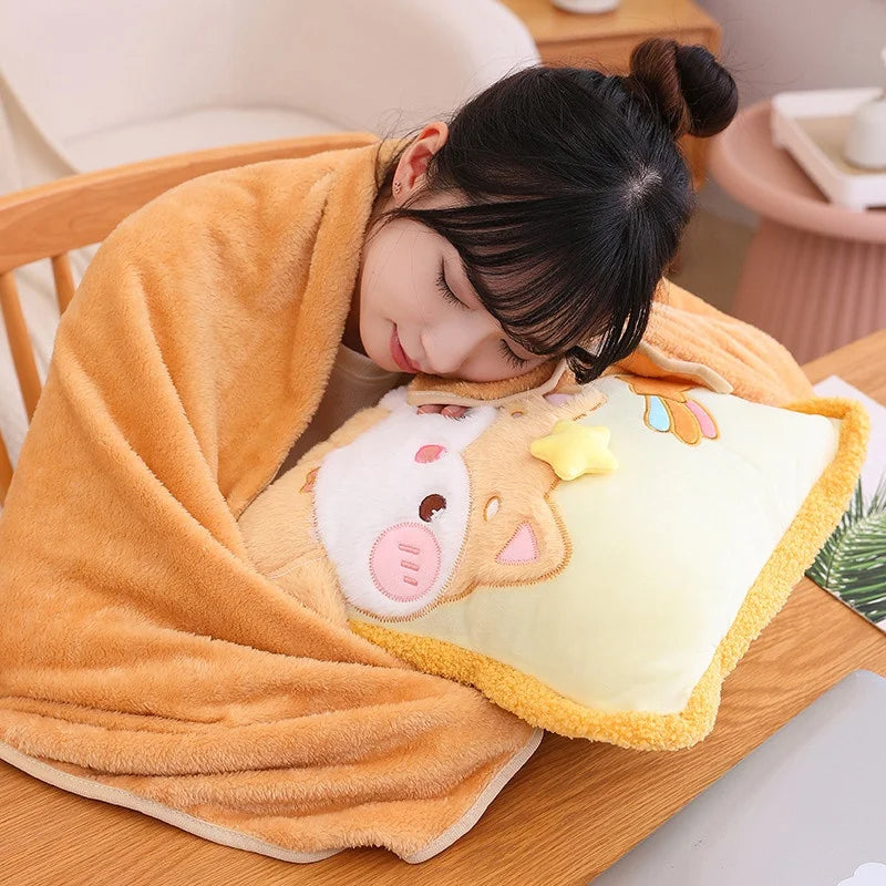 Kawaii pillow and blanket set with orange plush blanket and light yellow fox pillow