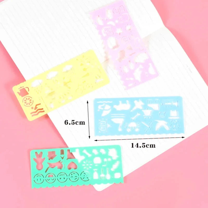 Plastic template set shown with a guide layout and multiple colored stencil pieces