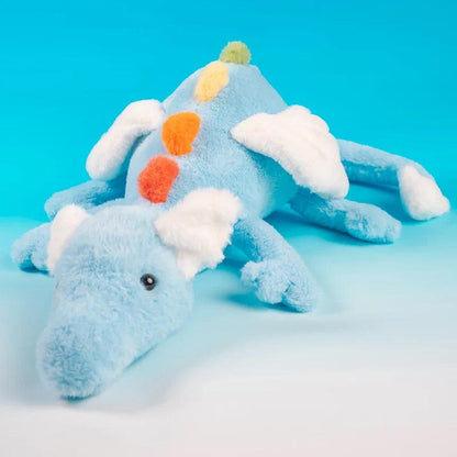 Rainbow dragon plush toy, light blue body with white paws and multicolor pom accents
