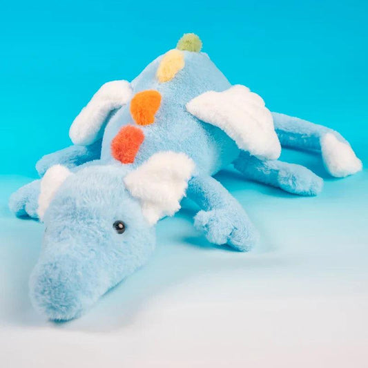 Rainbow dragon plush toy, light blue body with white paws and multicolor pom accents