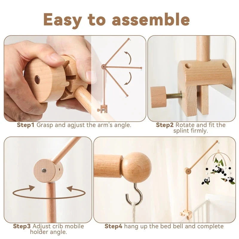Wooden crib mobile holder assembly steps with adjustable arm and mounting part