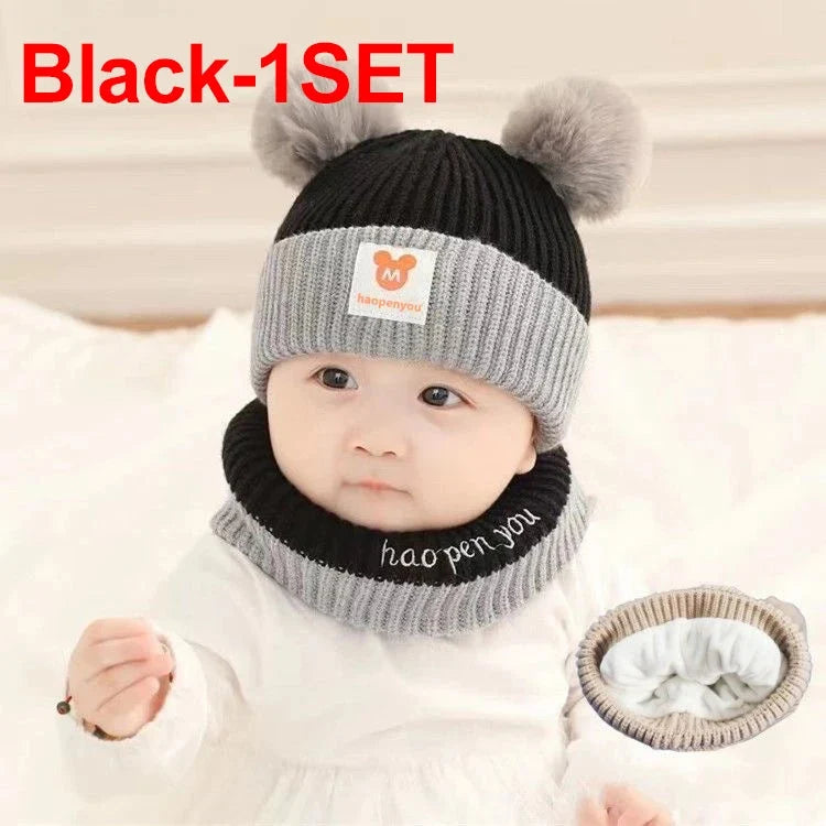 Black kids knitted bear-ear ear protection hood hat with white trim