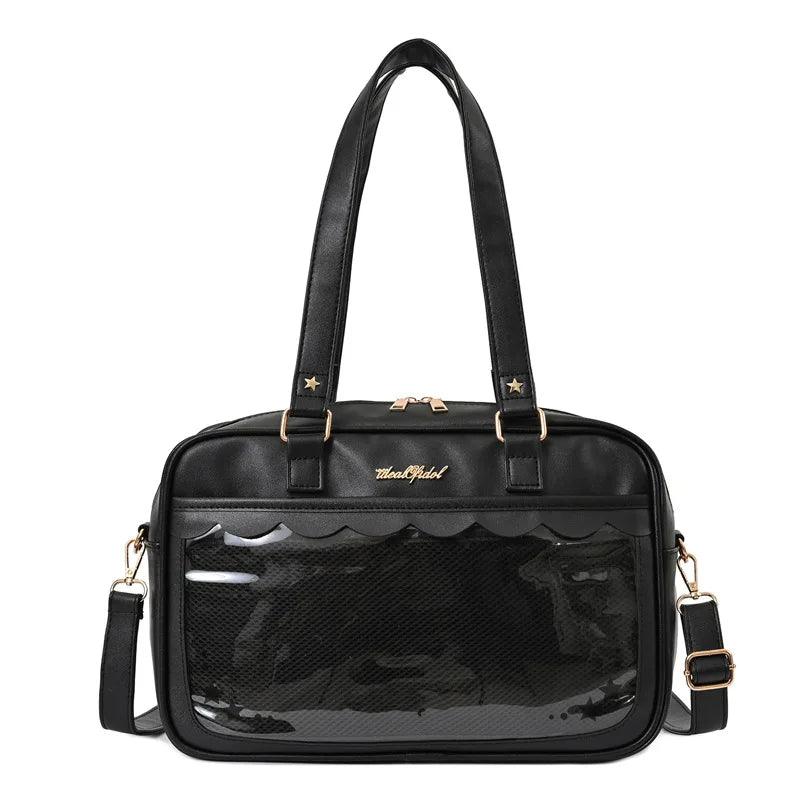 Black messenger bag with top handles, adjustable strap, and clear front panel