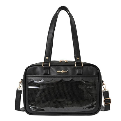 Black messenger bag with top handles, adjustable strap, and clear front panel