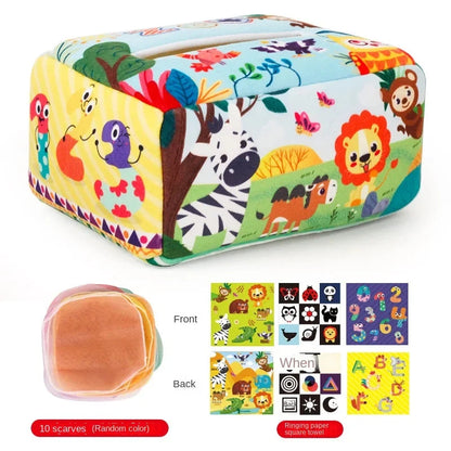 Jungle animal print fabric tissue box cover with trees and leaves in green