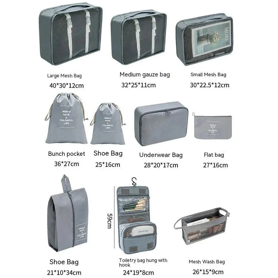 Dark gray travel organizer set with mesh bags and zip pouches in multiple sizes