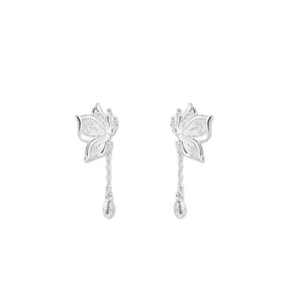 Pair of silver butterfly stud earrings with long chains and teardrop charms
