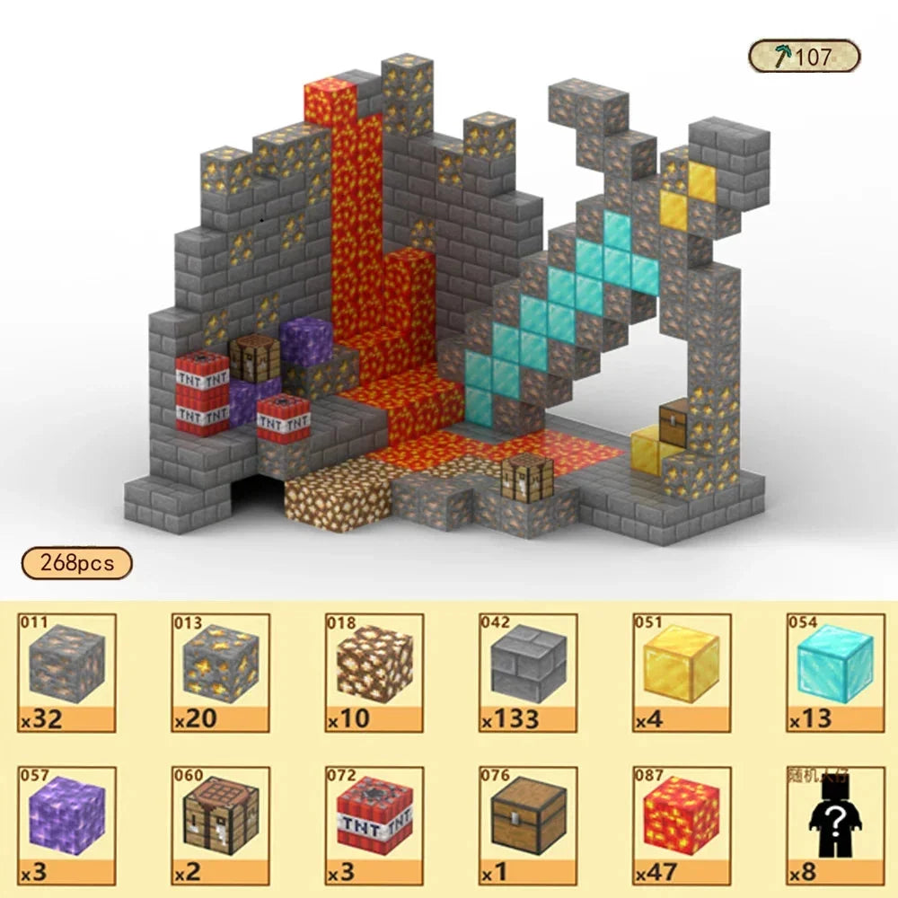 Magnetic building blocks mine scene with gray bricks and colorful lava streams