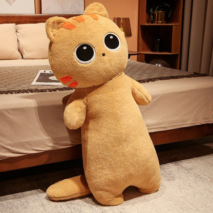 Tan cat plush body pillow with big round eyes and small embroidered nose