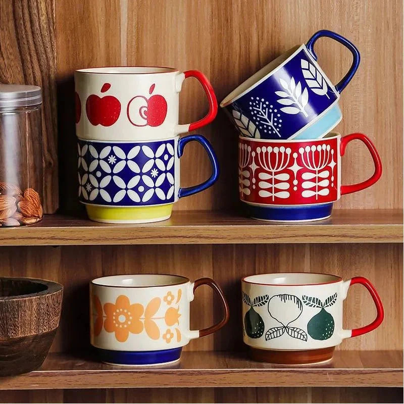 Retro Ceramic Stackable Mug 300ml – Scandinavian Pattern | Spots, Apples, Tulips, Trees & More | Coffee, Tea & Breakfast Cup | Housewarming Gift