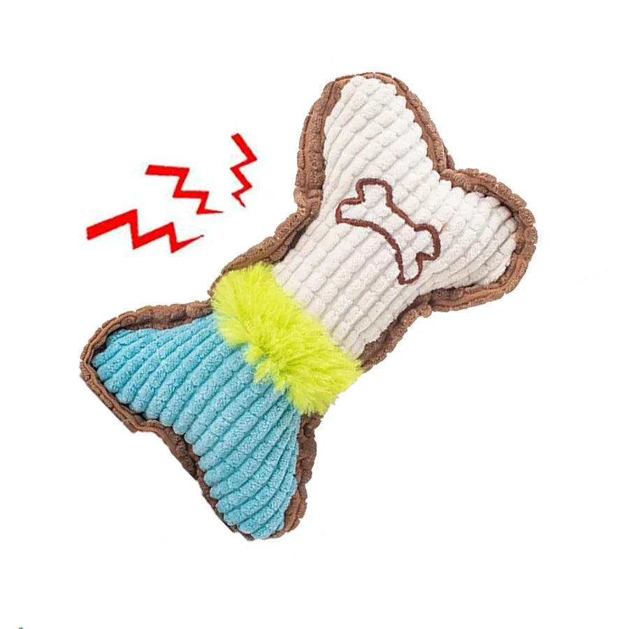 Plush squeaky bone toy, white and blue sections with green center stripe, brown trim.