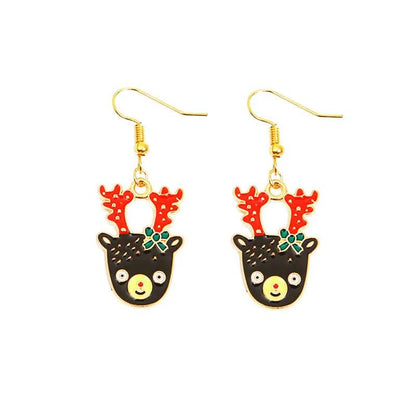 Gold drop earrings with cartoon deer face, red antlers, green bow, black details