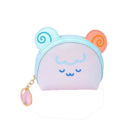 Pastel lavender animal coin purse with blue ear accents, zipper top and keychain ring
