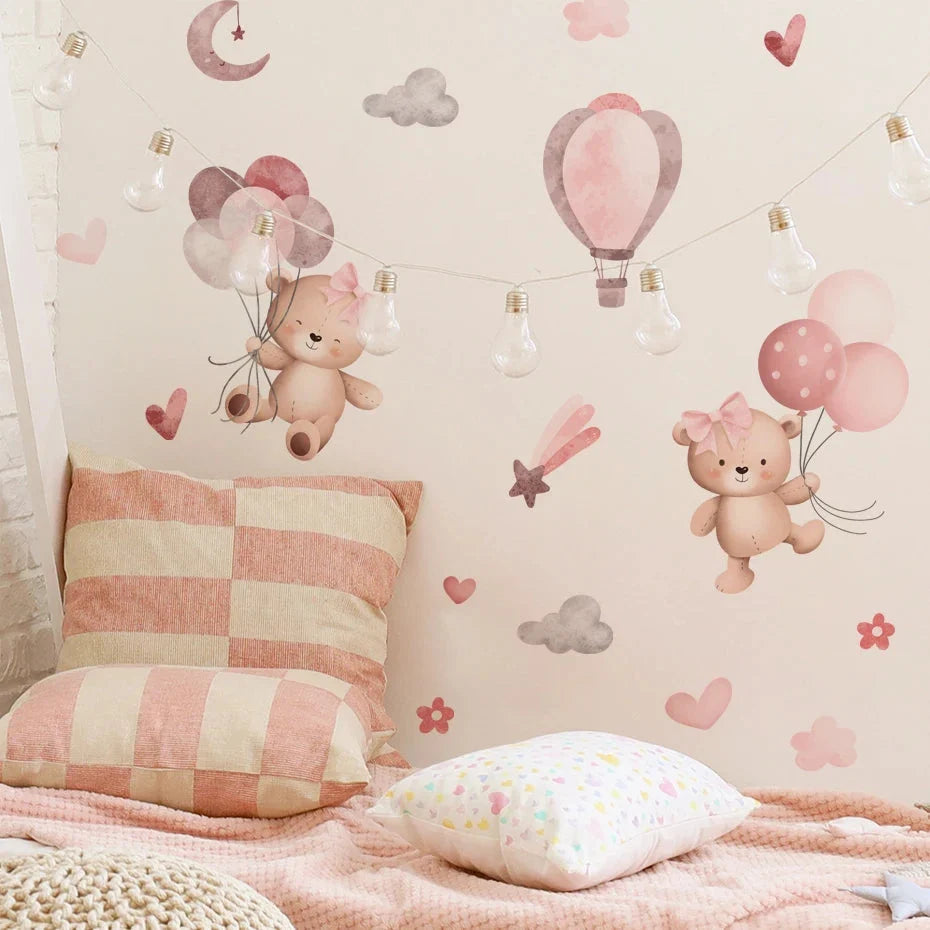 Kids & Nursery Wall Stickers – Watercolour Bears, Hearts & More | Self-Adhesive Peel & Stick | Nursery, Bedroom & Playroom Decor