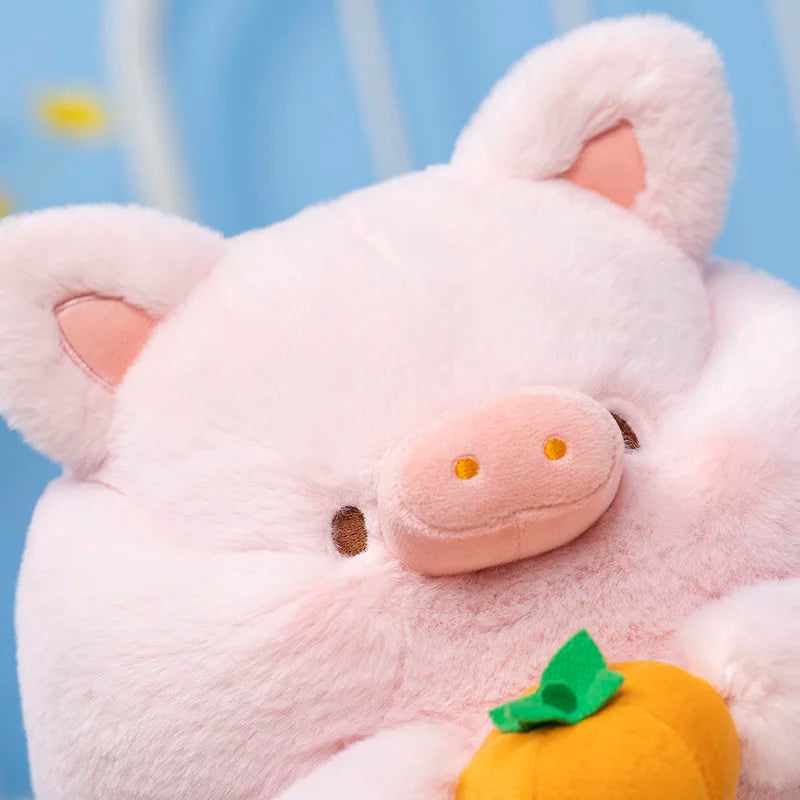 Close-up of pink pig plush holding an orange carrot with green leaf.