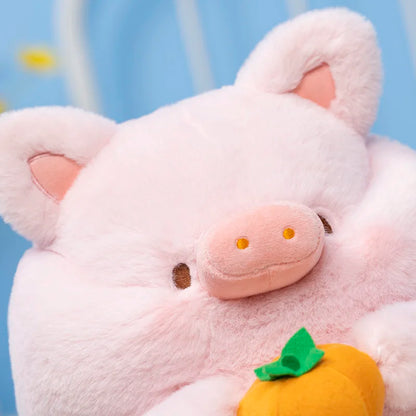 Close-up of pink pig plush holding an orange carrot with green leaf.