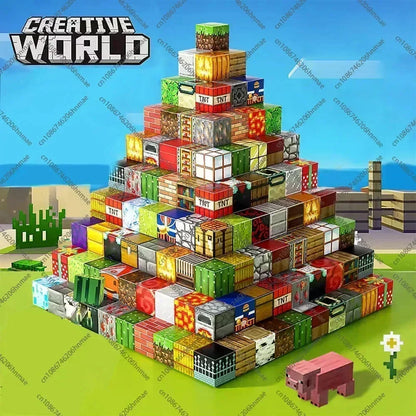 Colorful magnetic cube building blocks set with stacked mine-style cube tower model