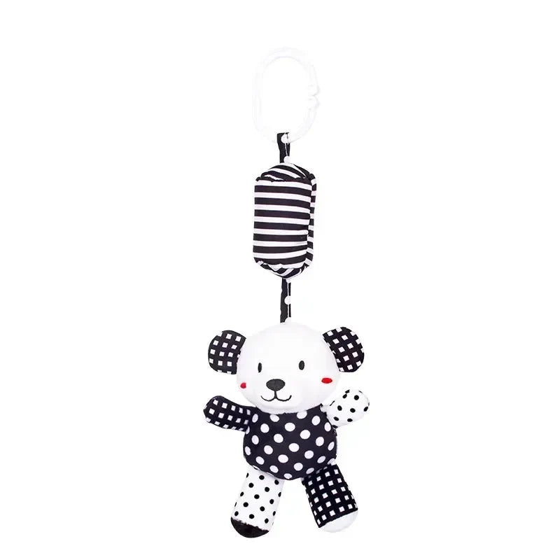 Stroller hanging plush rattle doll with teddy bear body and patterned arms