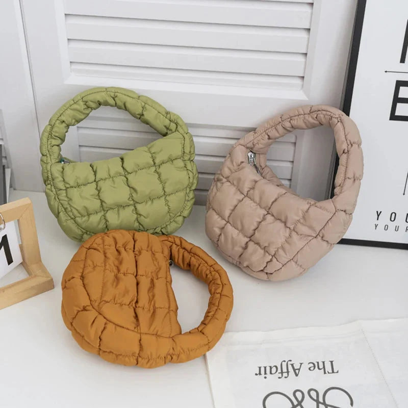 Quilted mini puffer circle tote bags with short handles, olive green and tan