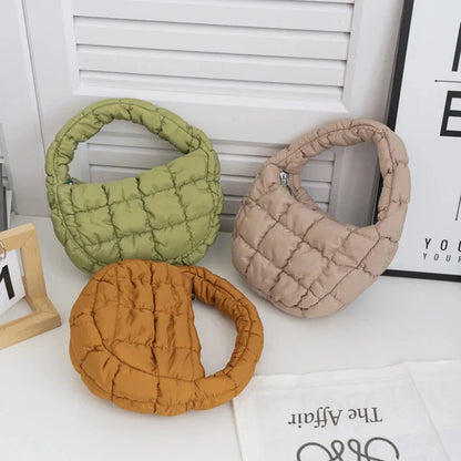 Quilted mini puffer circle tote bags with short handles, olive green and tan