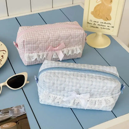 Kawaii Gingham & Lace Pencil Case – Cute Vintage Aesthetic Stationery | Pink & Blue