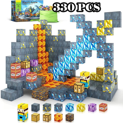 Magnetic building cubes set shown in 3D block formations with colored figures