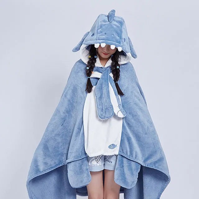 Light blue shark blanket hoodie cloak with hood and white shark-face chest panel