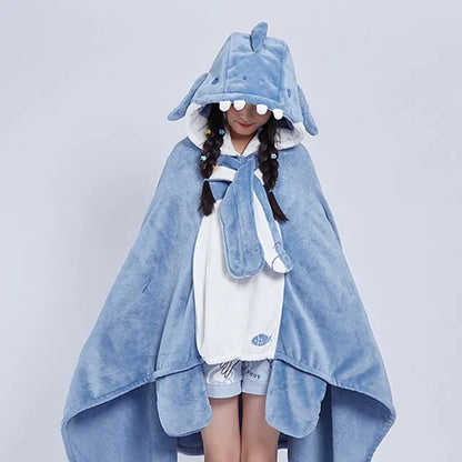 Light blue shark blanket hoodie cloak with hood and white shark-face chest panel