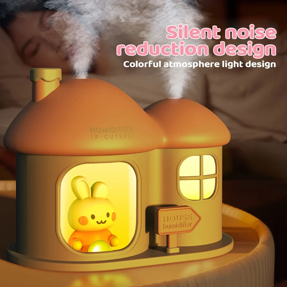 Kawaii Bunny House Humidifier Night Light – 7-Colour LED Cute Desktop Humidifier | Pink & White