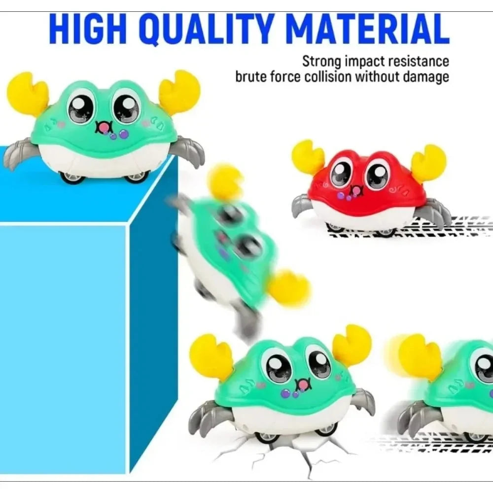 Green and red interactive crawling crab toys showing big eyes and orange claw details