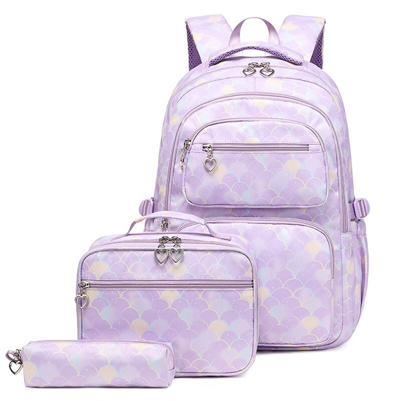Kawaii Mermaid Backpack Set – 3-Piece Set with Backpack, Pencil Case & Lunch Bag | Mermaid Scale Design | Pink, Purple, Blue & Black