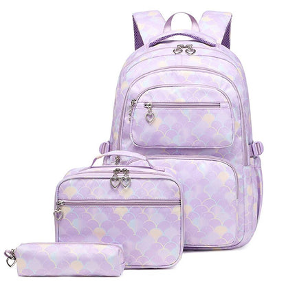 Kawaii Mermaid Backpack Set – 3-Piece Set with Backpack, Pencil Case & Lunch Bag | Mermaid Scale Design | Pink, Purple, Blue & Black