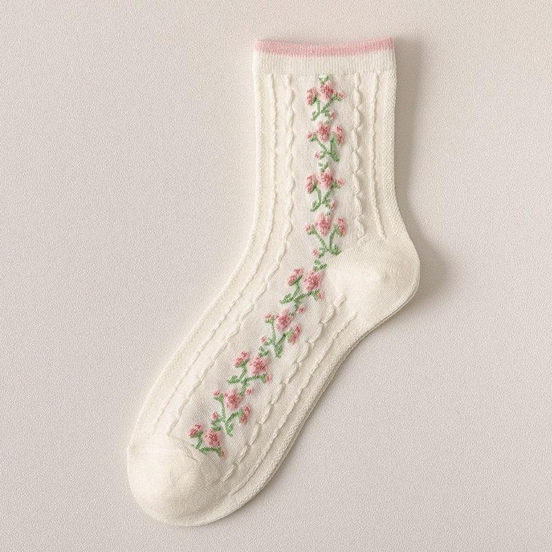 Cream socks with pink striped cuff and rosevine print